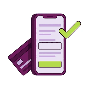 Illustration of a phone showing a casino cashier screen, with a bank card and a confirmation tick