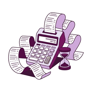 Illustration of a calculator printing a long receipt beside an hourglass, showing how wagering requirements stretch a small bonus