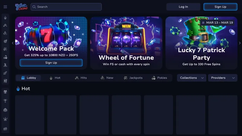 7Bit Casino lobby with pokies and welcome offer
