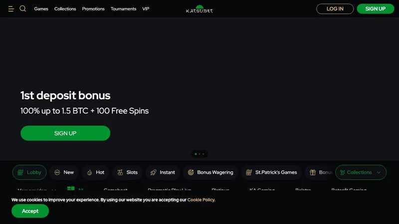 KatsuBet casino homepage with first deposit bonus