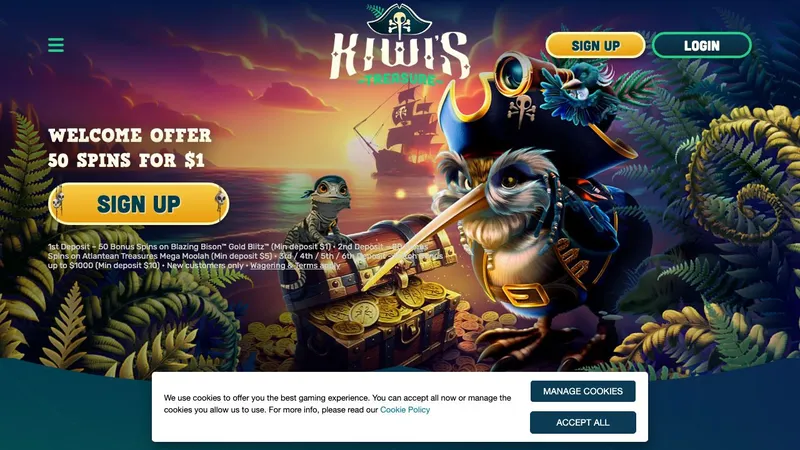 Kiwi's Treasure casino welcome offer of 50 spins for $1