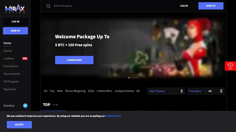 Mirax Casino lobby showing welcome package