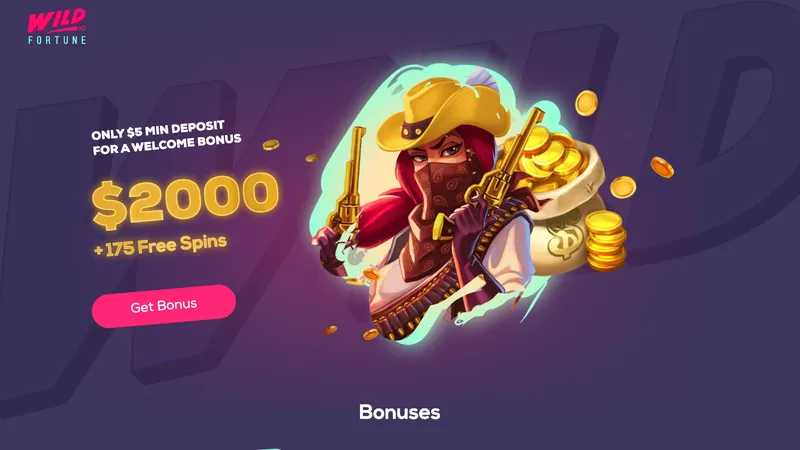 Wild Fortune casino showing a $5 minimum deposit welcome bonus