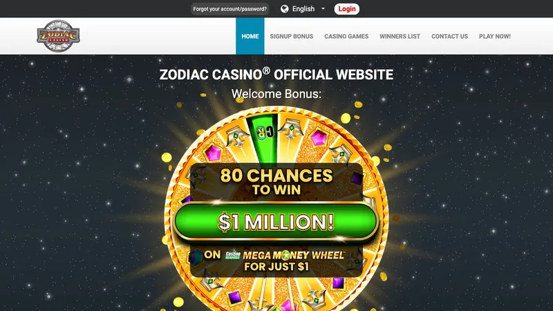 Zodiac Casino offer of 80 chances to win a million for $1